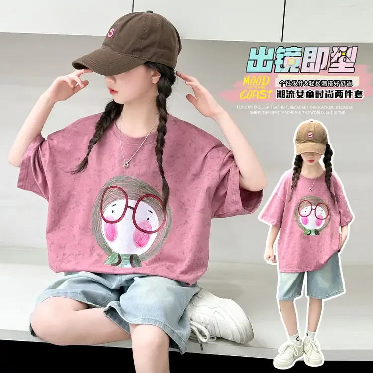 女童短袖T恤儿童夏装服装运动宽松女孩上衣夏季中大童装韩版炸街