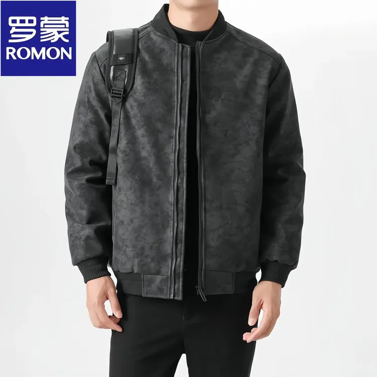 罗蒙男士皮衣羽绒服立领休闲风棒球领保暖加厚外穿纯色潮流外套