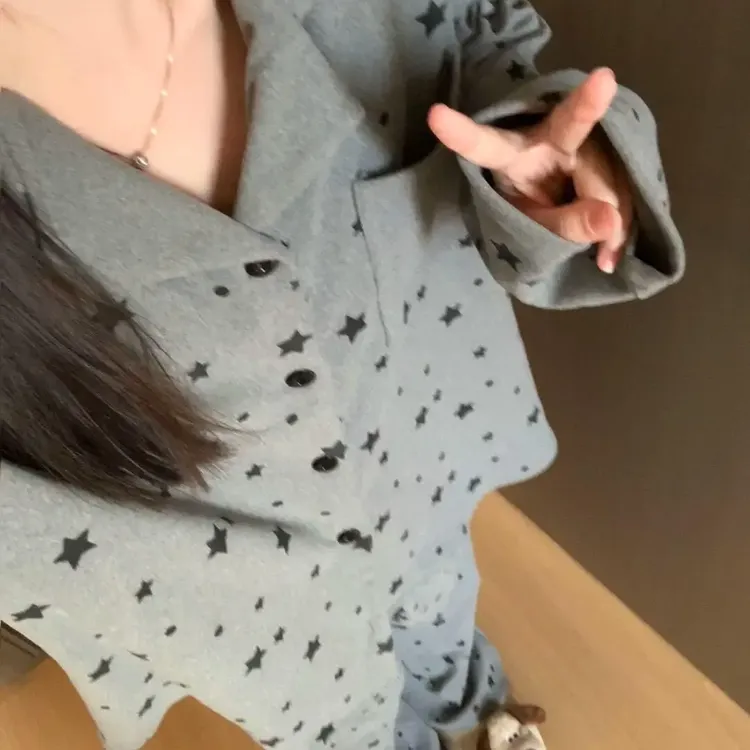 灰色星星德绒保暖长袖长裤睡衣女秋冬季可外穿家居服套装