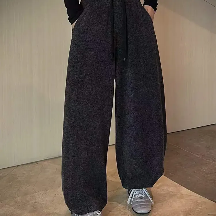 秋冬慵懒风高腰显瘦垂感加绒弯刀阔腿女裤