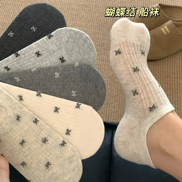 蝴蝶结ins风白色女士袜子船袜浅口春夏季薄款防滑不掉跟隐形透气