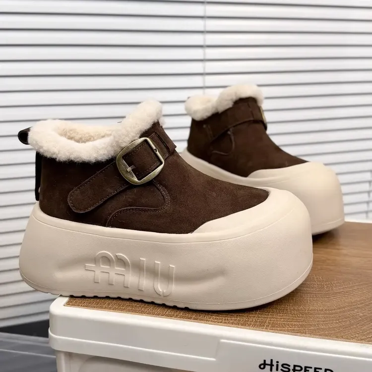 磨砂牛皮高帮毛毛加绒勃肯鞋女圆舒适保暖复古面包鞋