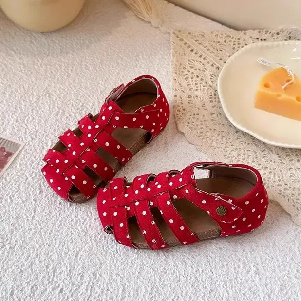包头2025新款红色波点博肯韩系软底小女童鞋子2025新款爆款