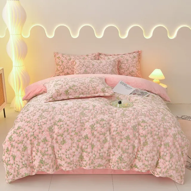家用冬季加厚牛奶绒四件套雏菊粉珊瑚绒被套床单双面法兰绒三件套