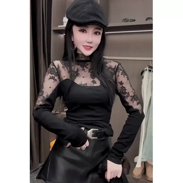 网纱拼接半高领打底衫女内搭秋冬季新款修身显瘦百搭长袖t恤上衣