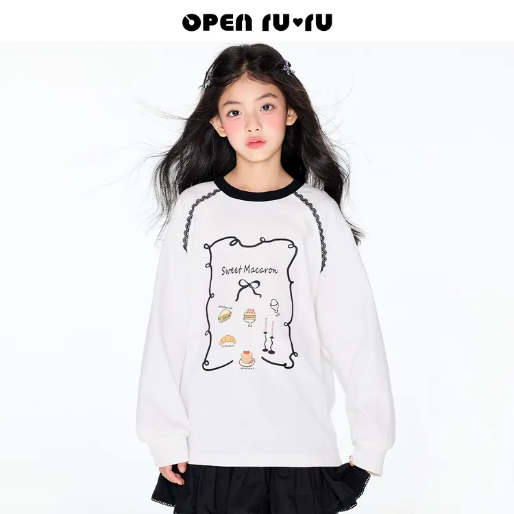 Opennunu女童花边圆领长袖t恤春季时尚中大童插肩袖纯棉印花上衣