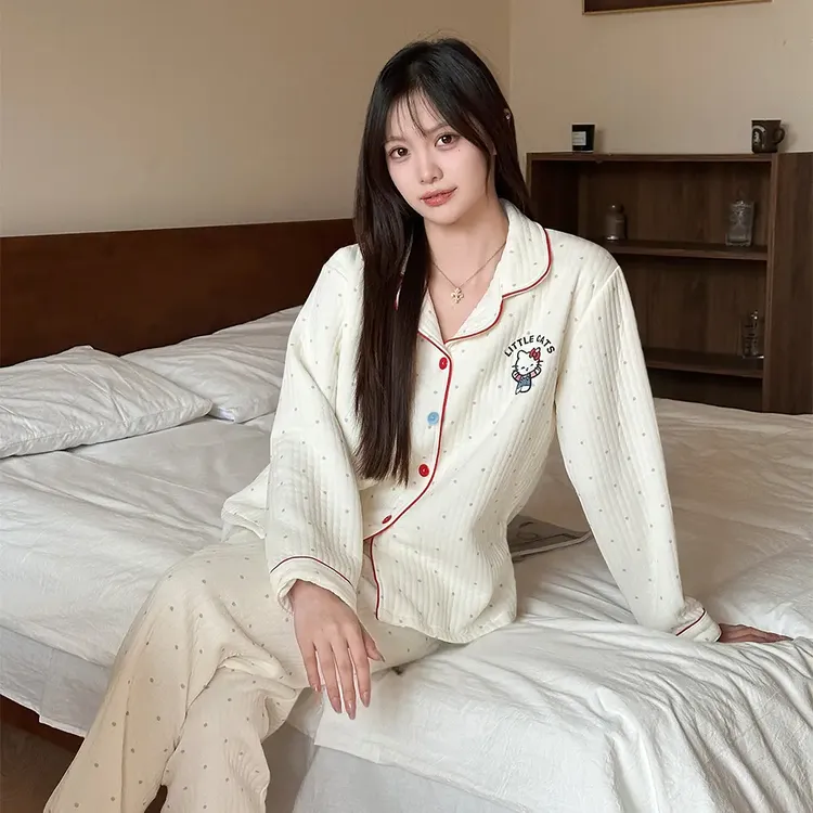 秋冬新款夹层睡衣女翻领开衫甜美可爱套装家居服可外穿百搭套装潮