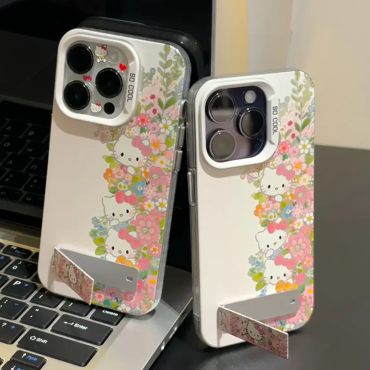 适用春天花丛凯蒂支架iphone16元气15手机壳华为p70viv小米oppo女