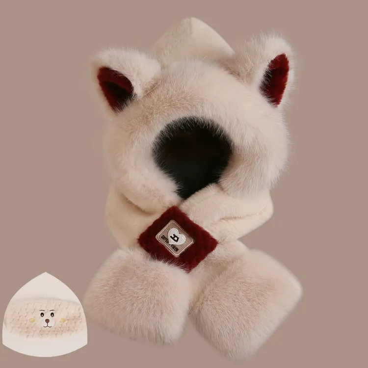 可爱小熊帽子围巾一体新款秋冬加绒围脖防寒保暖毛茸茸护耳帽XX