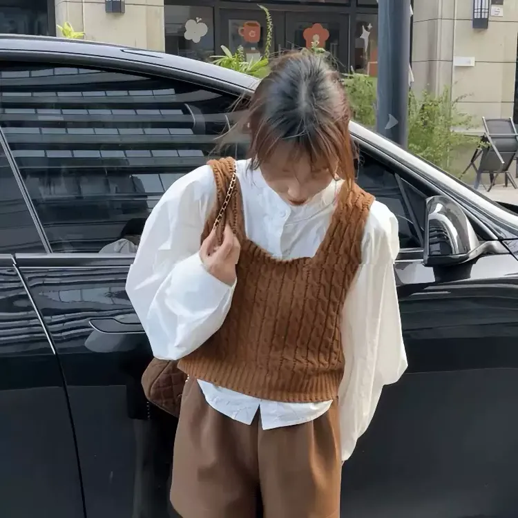 秋季穿搭一整套高级感法式设计感小众长袖衬衫针织马甲两件套装女