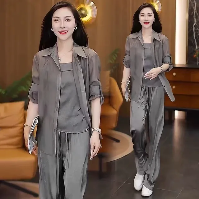 时尚冰丝套装女2025夏季新款洋气质显瘦吊带防晒衬衫阔腿裤三件套