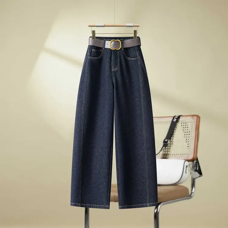 阔腿弯刀牛仔裤2025新款秋季女裤丹宁蓝高腰宽松镰刀直筒休闲裤子