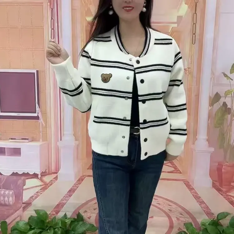 条纹宽松圆领女刺绣针织毛针织衫上衣毛衣时尚撞色