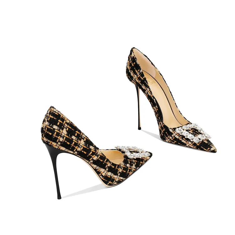 杏色水钻方扣单鞋小香风名媛上档次2025春季新款尖头细跟高跟鞋女