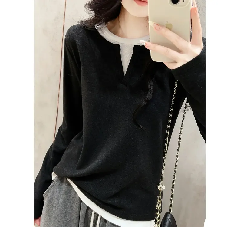 欧货设计感假两件德绒女款秋冬装圆领时尚显瘦正肩长袖上衣拼接