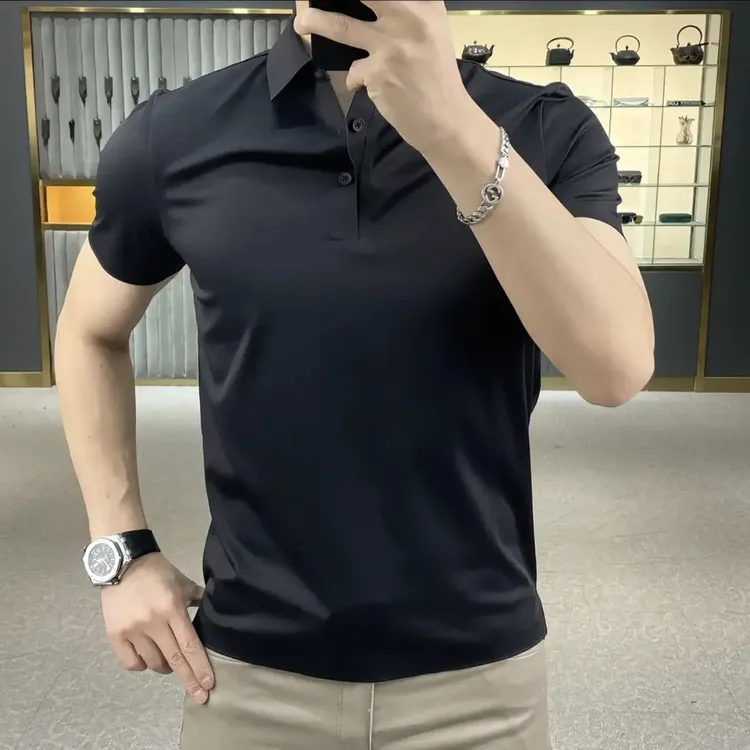 男士四面弹无痕冰丝polo衫夏季潮款修身商务短袖纯色翻领T恤免烫