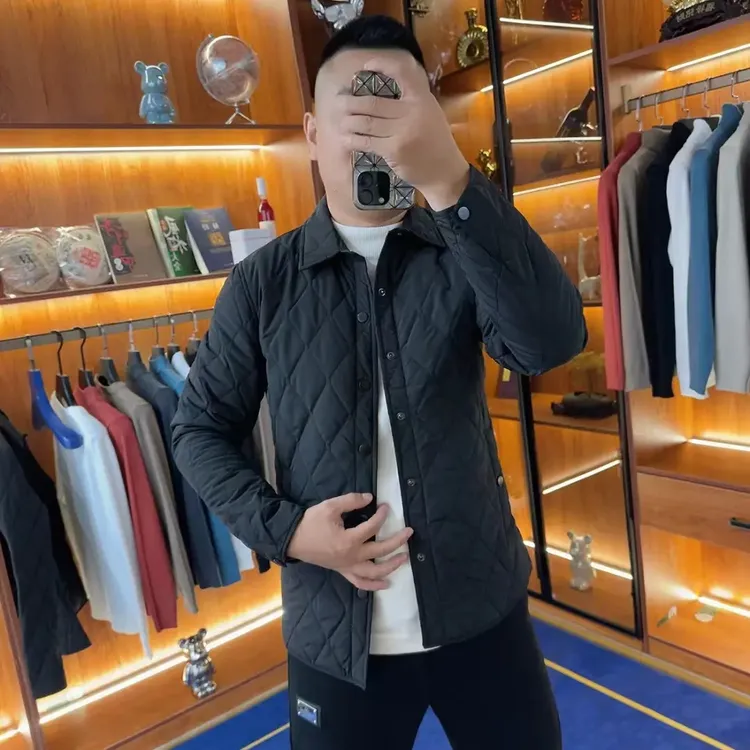 行政棉服菱形格商务翻领外套薄棉夹克男士休闲修身轻薄经典保暖