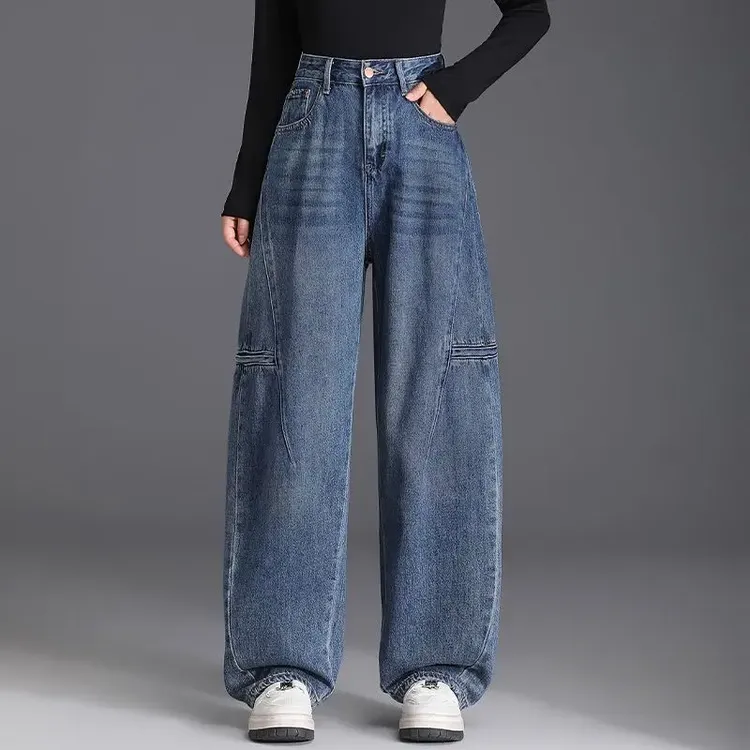 2025年春季新款美式复古高腰阔腿裤牛仔裤子宽松显瘦大码弯刀裤女