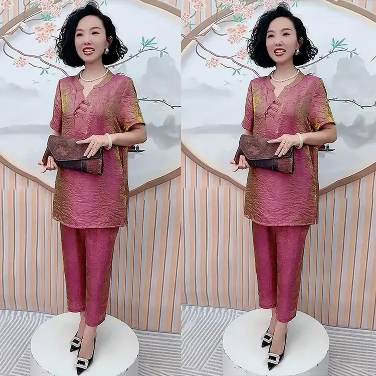 H夏季新款珠光变色洋气上衣两件套国风复古T恤衫搭小脚裤时髦套装