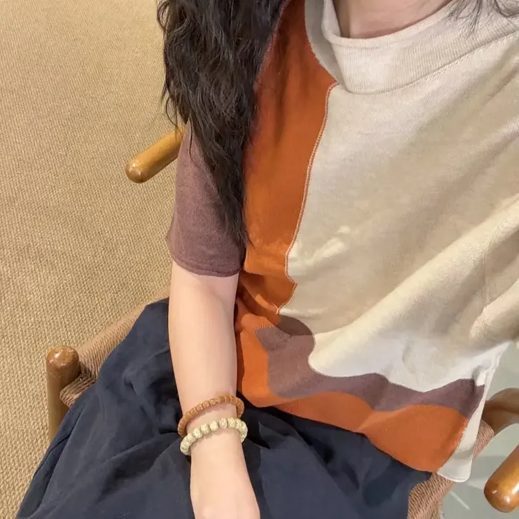 6715-短袖常规款拼接精梳棉抗起球拼色T恤纯色休闲风