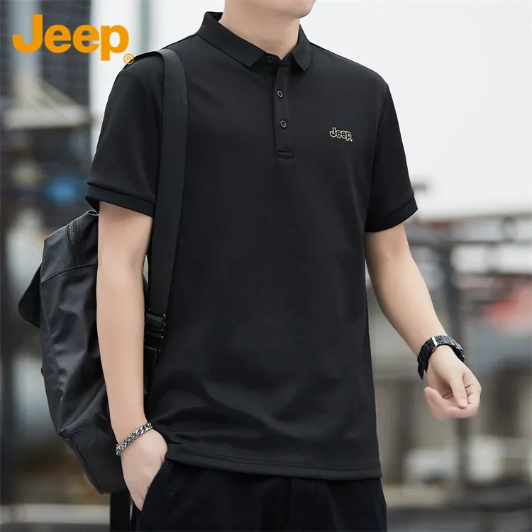 Jeep吉普冰丝短袖t恤男士polo衫2025年夏季运动黑色翻领上衣服男T