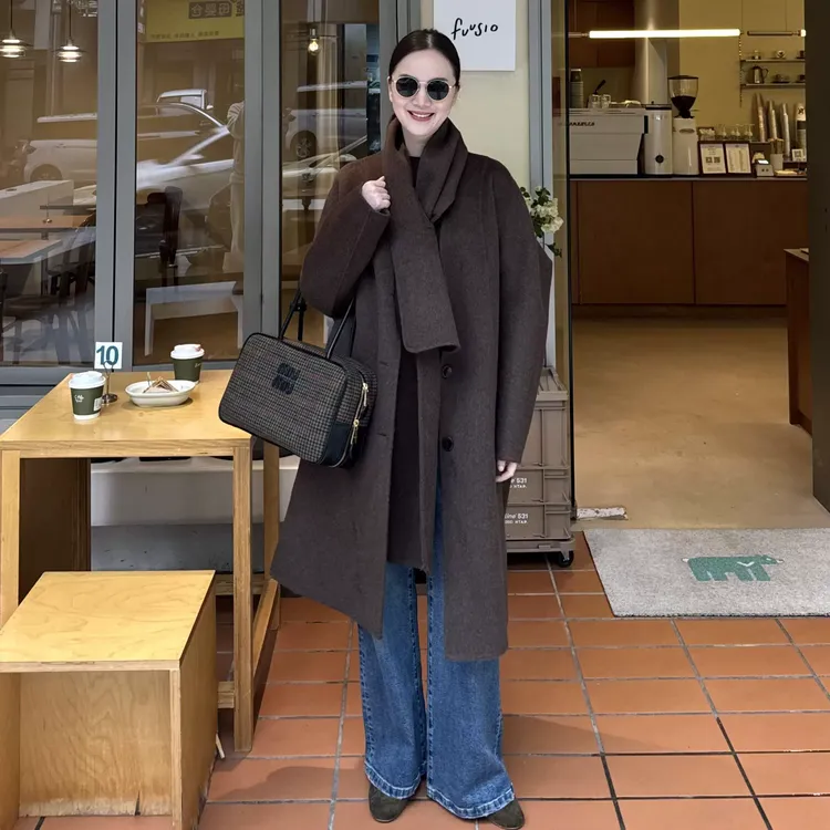 3969咖啡色长款毛呢外套女冬季胖mm宽松高级减龄复古围巾呢子大衣