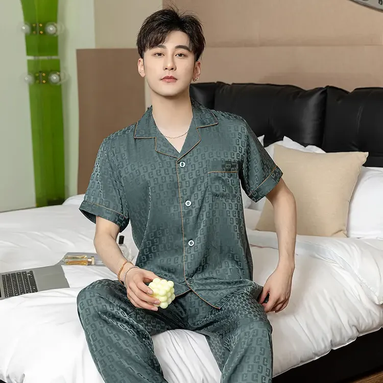 【冰雪丝三件套】睡衣男士夏季短袖长裤提花翻领舒适宽松高端家居服