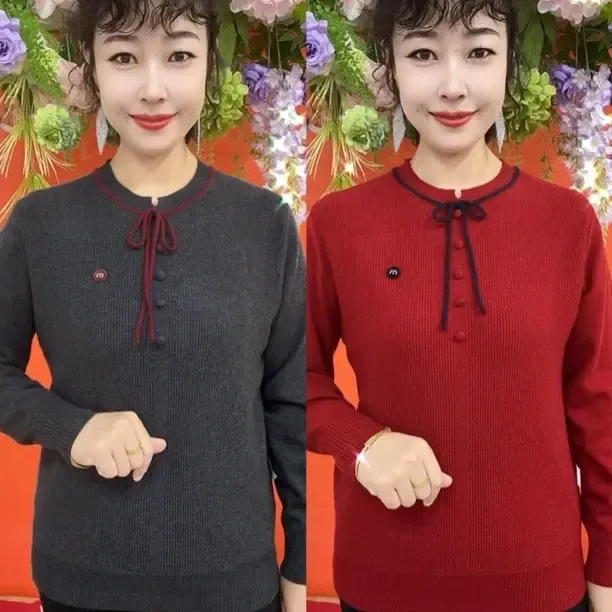 圆领系带五扣长袖妈妈衫