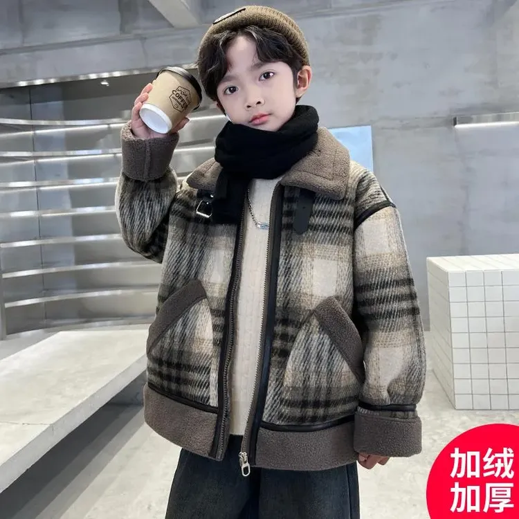 男童羊羔绒外套秋冬款2024新款冬季加绒加厚中大儿童男孩冬装棉服