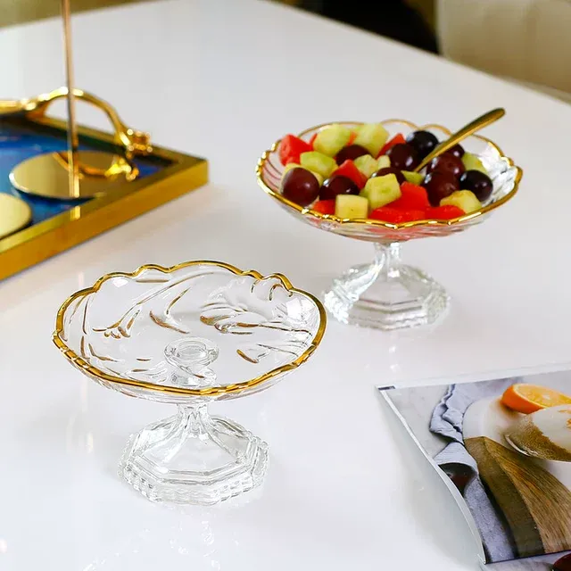 轻奢金边玻璃高脚水果盘家用客厅水果碟小精致糖果盘子酒店点心盘