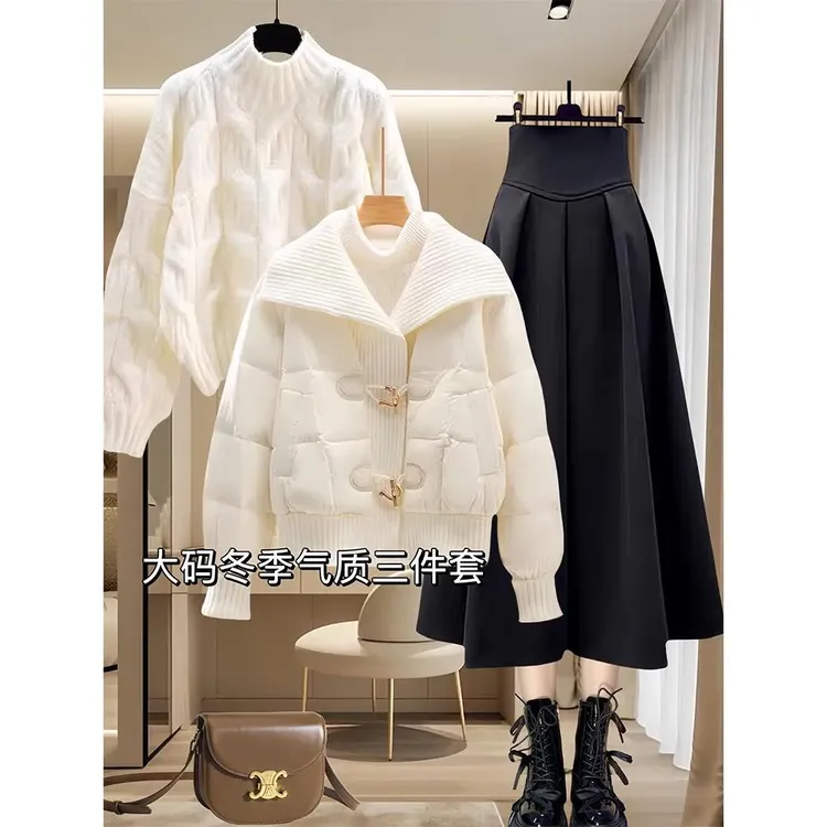 冬装搭配一整套大码微胖mm服外套毛衣半身裙高级气质三件套装女