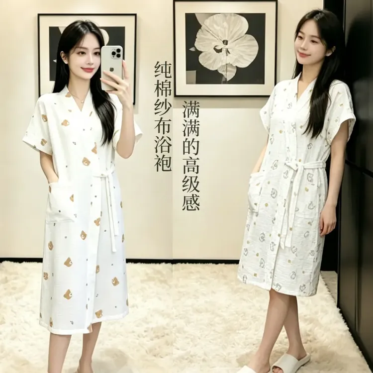 纯棉纱布浴袍睡袍夏季系带女士宽松吸水速干浴衣家居服浴巾长款商品图
