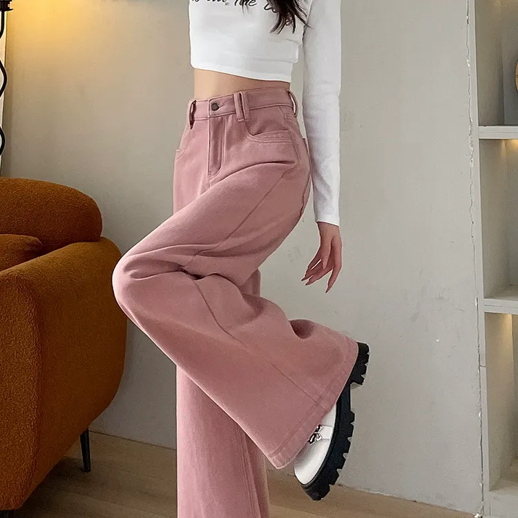 蜜蜜穿搭2025秋季脏粉色大阔腿牛仔裤女高显瘦腰宽松直筒拖地裤