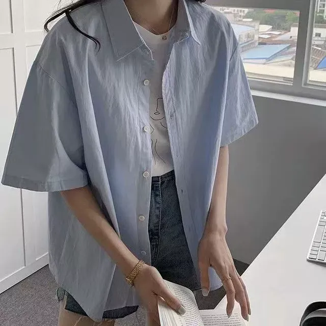 棉 夏季蓝色棉短袖衬衫女2025年新款宽松休闲叠穿情侣上衣