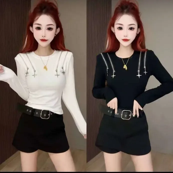 设计感显瘦套头长袖T恤春季圆领轻职风拉链气质宽松型百搭