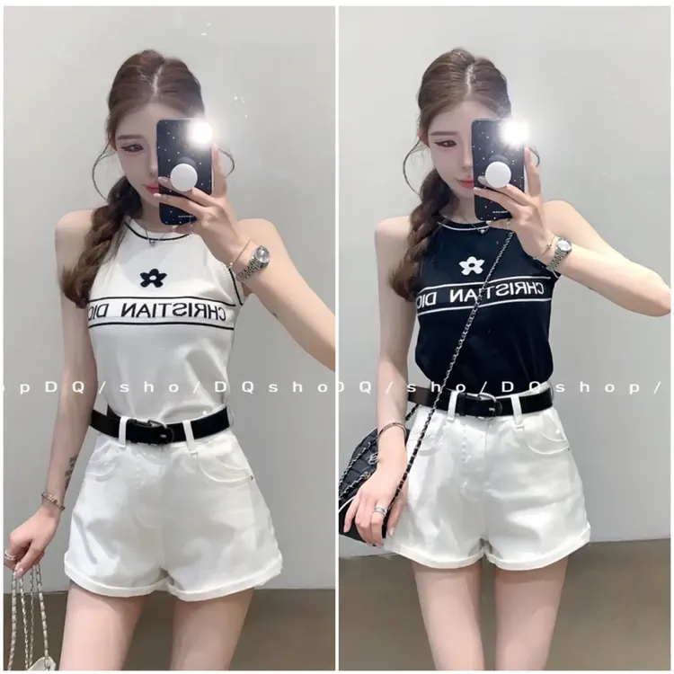 韩系纯欲辣妹字母刺绣针织吊带背心女夏2025新款修身显瘦无袖上衣