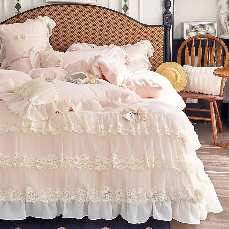 法式公主风牛奶绒冬季加厚保暖四件套蕾丝边床品套件