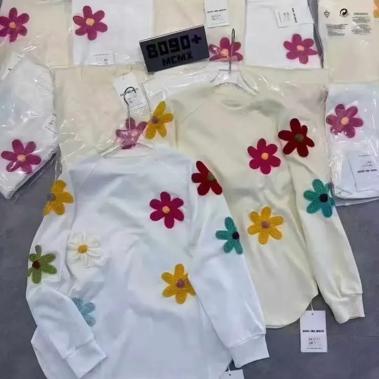 冬新款韩版休闲立体花朵中长款卫衣女双纱棉潮牌大T，纯棉不加绒