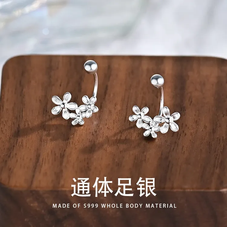 足银耳饰 S999纯银针花朵耳环女百搭耳钉螺丝款简约轻奢防过敏女