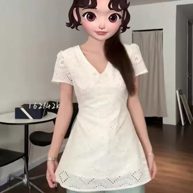 大码胖mm韩系镂空短袖衬衫女夏季法式V领系带收腰漂亮中长款上衣