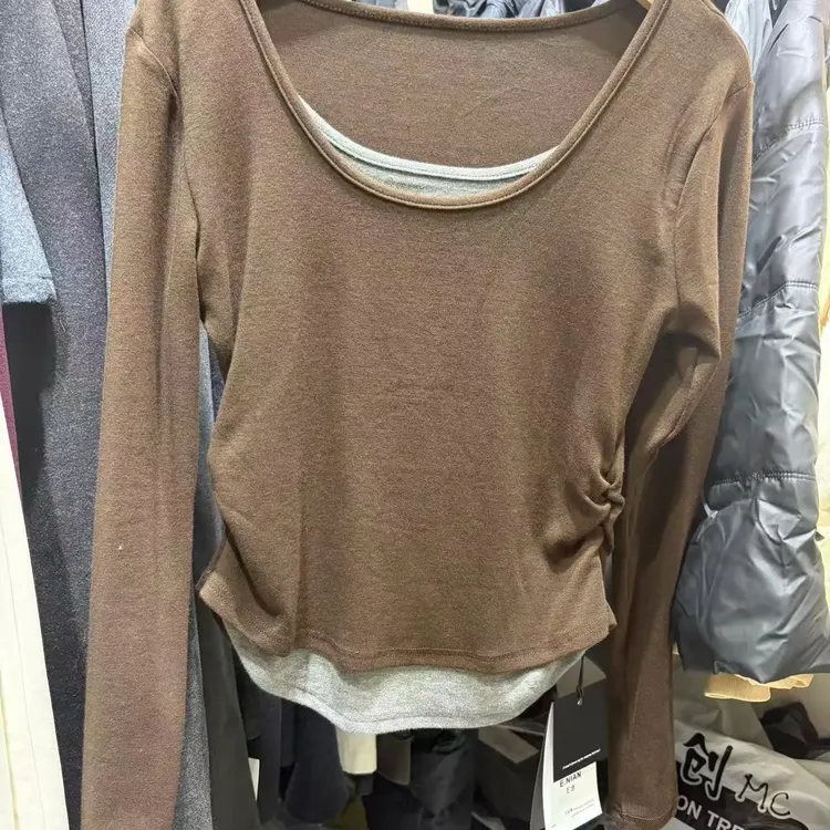 秋冬季假两件加绒长袖T恤女显瘦遮肚撞色设计感修身内搭打底上衣