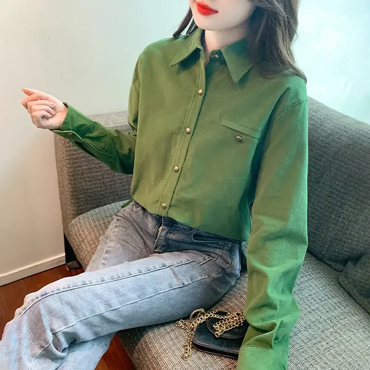 春秋复古法式灯芯绒绿色衬衫女新款设计感小众叠穿磨毛上衣冬