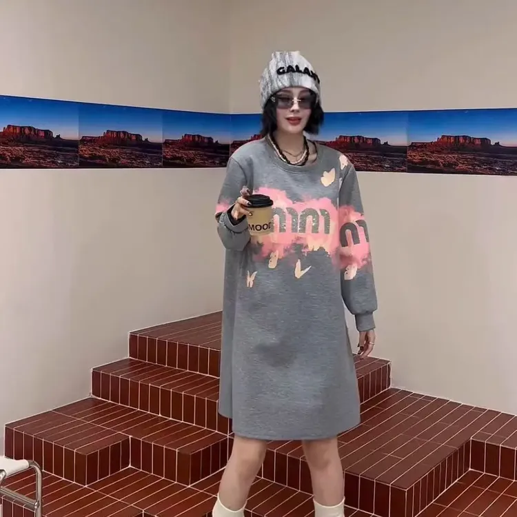 印花中腰大码连衣裙春季遮肚拼接显瘦不褪色时尚