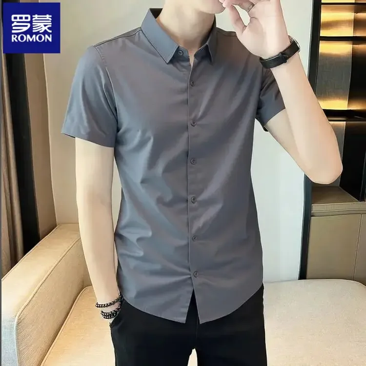 罗蒙夏季冰丝短袖衬衫免烫抗皱衬衣薄款休闲纯色雅痞帅气风格男装