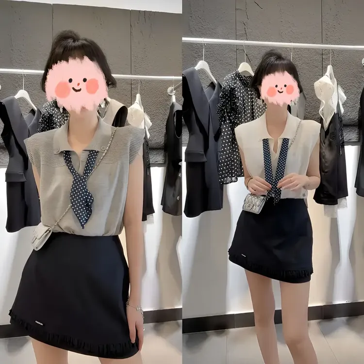 2025洋气穿搭休闲针织衫无袖圆领拼接衬衫+高腰A字裙半身裙两件套