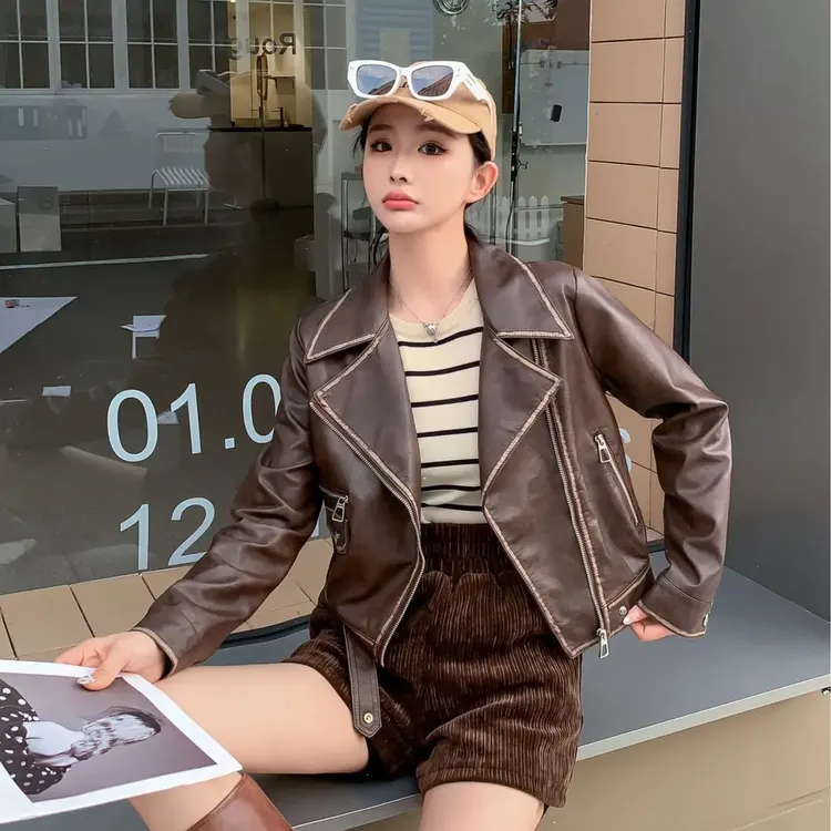 2025春秋小个子短款海宁皮衣外套女装机车皮显瘦百搭皮夹克外套