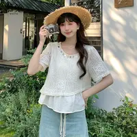 慕兔法式甜美不规则拼接镂空衬衫2025夏季新款设计感小众短袖上衣