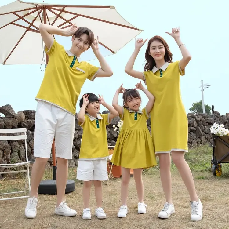 亲子装一家三口四口夏季2025母子母女多巴胺Polo连衣裙家庭装套装