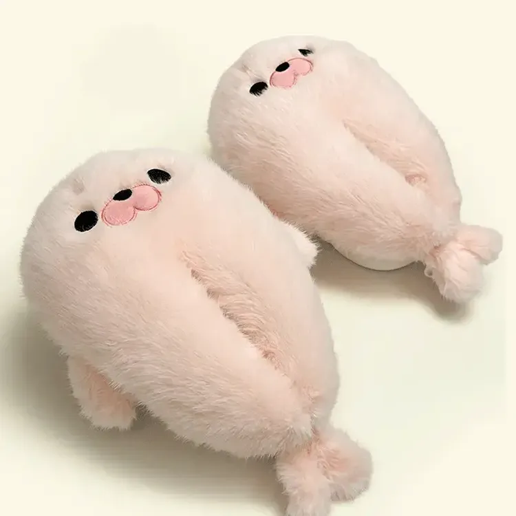 网红可爱卡通海豹毛绒拖鞋女款冬季室内室外保暖家居棉拖居家日用