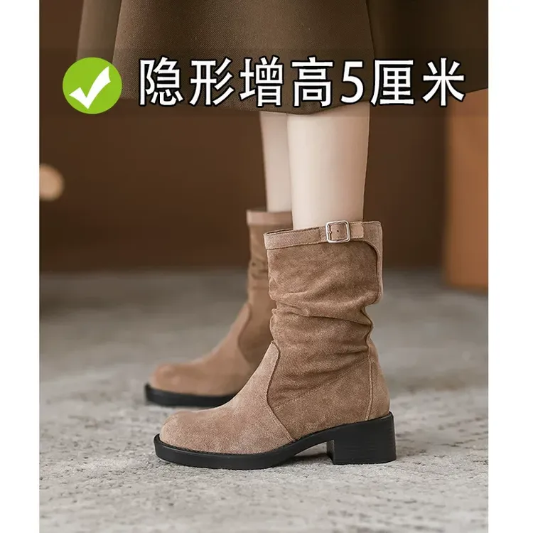 皮带扣套筒短靴女绒面西部牛仔靴子美拉德内增高复古粗跟高跟靴子